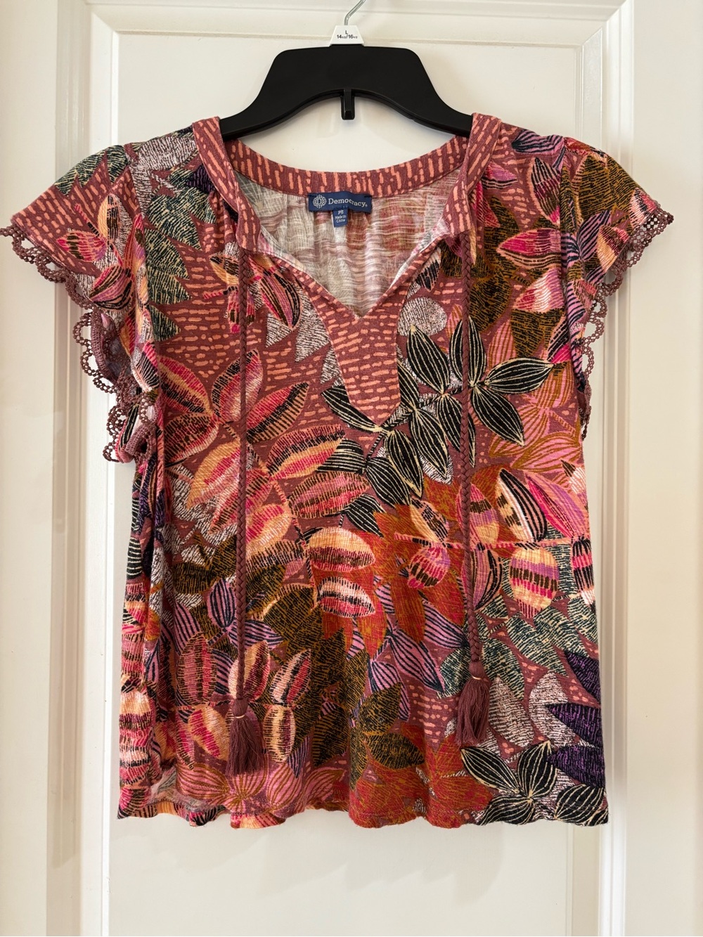 Democracy Floral V-Neck Flutter Sleeve Top — Rust Pink Multi